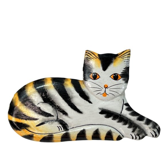 Vintage Handcrafted Wooden Cat Kitty Artisan Brooch Pin Orange Black Striped - Picture 4 of 7